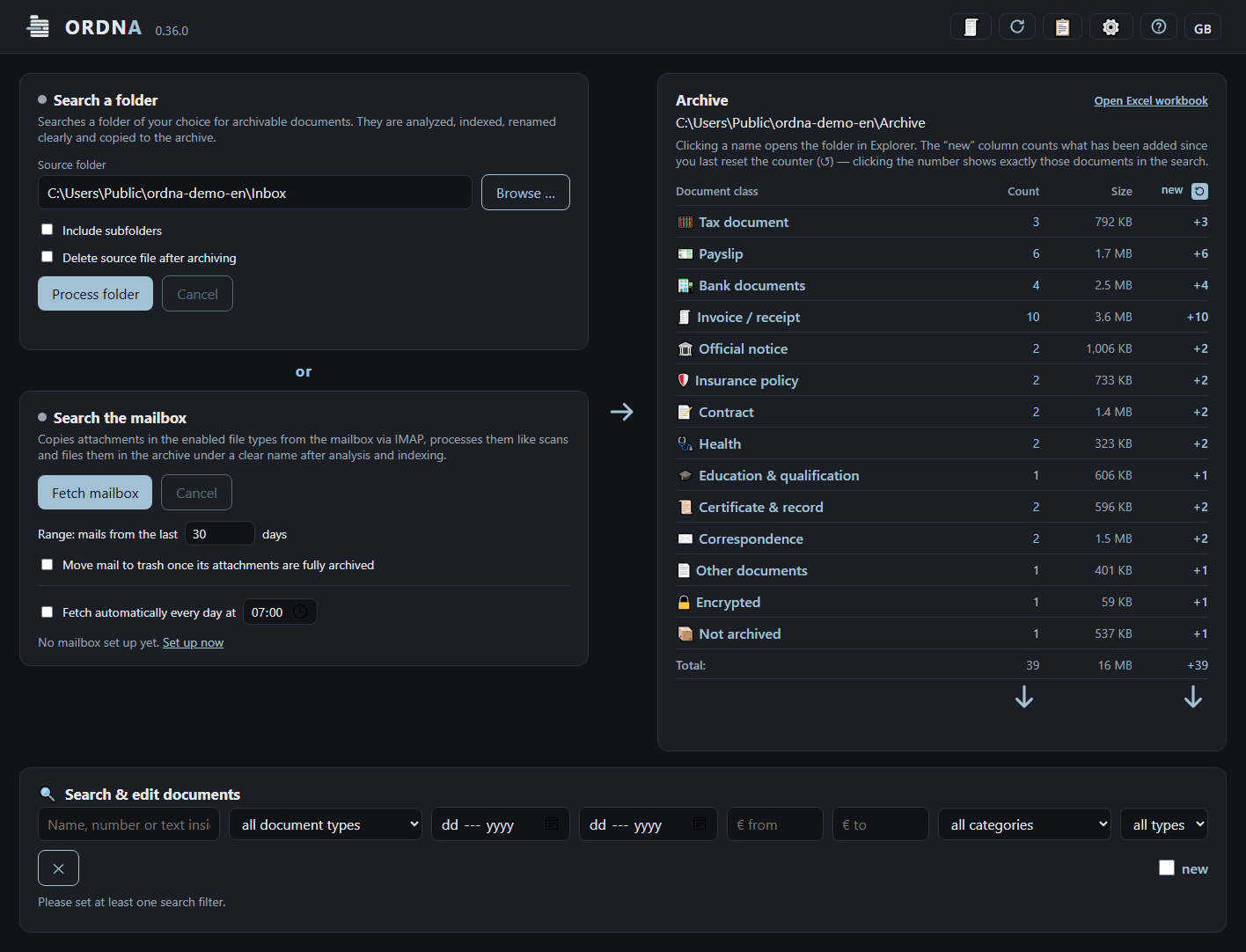 The full ORDNA interface in its dark appearance: the folder and mailbox cards on the left, the archive overview on the right, the search below