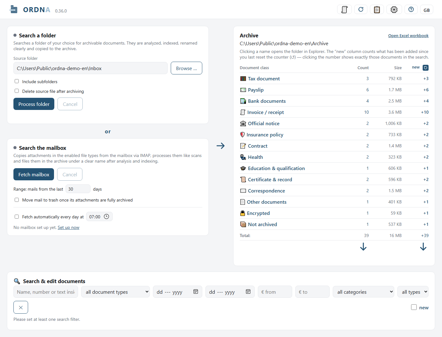 The full ORDNA interface in its light appearance: the folder and mailbox cards on the left, the archive overview on the right, the search below