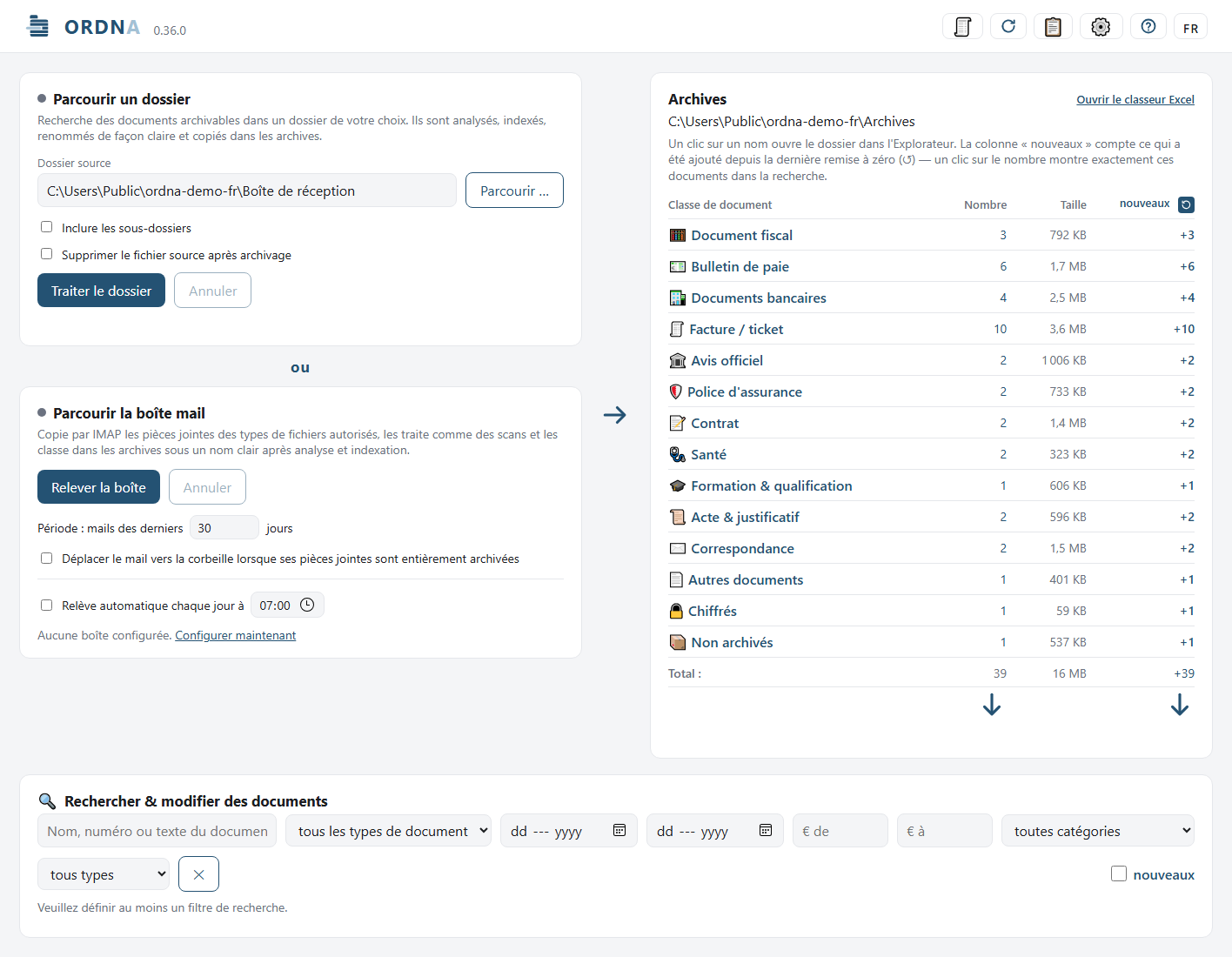 L'interface complète d'ORDNA en apparence claire : à gauche les cartes dossier et boîte mail, à droite l'aperçu des archives, en dessous la recherche